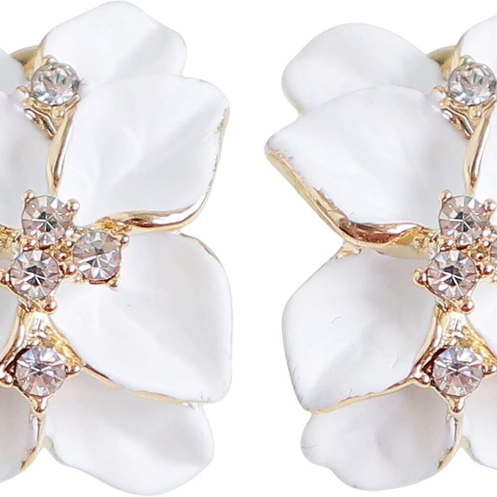 18k Gold Plated White Crystal colorful Enamel Leaves Flower Omega Back Earrings
